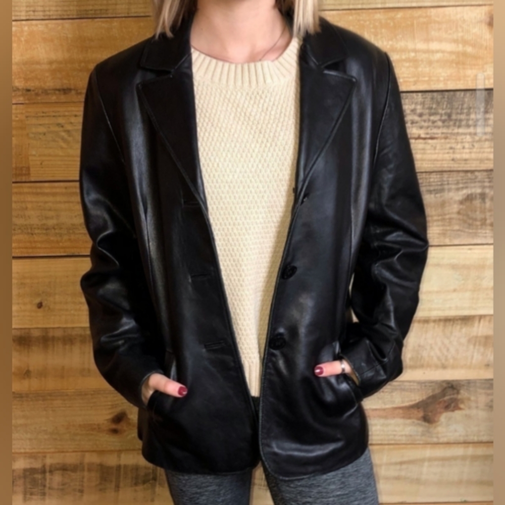 Wilsons Genuine Leather Pelle Studio Black Jacket Coat Biker Blazer Women Sz M
